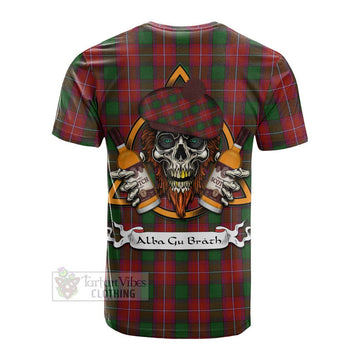 Rattray Tartan Cotton T-shirt with Family Crest and Bearded Skull Holding Bottles of Whiskey