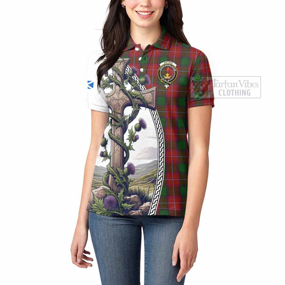 Tartan Vibes Clothing Rattray Tartan Women's Polo Shirt with Family Crest and St. Andrew's Cross Accented by Thistle Vines