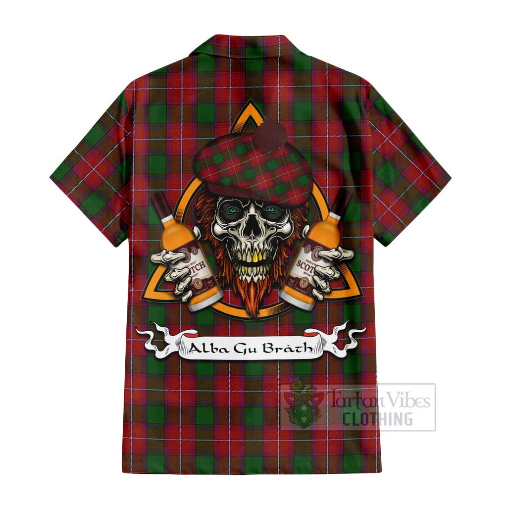 Tartan Vibes Clothing Rattray Tartan Short Sleeve Button Shirt with Family Crest and Bearded Skull Holding Bottles of Whiskey