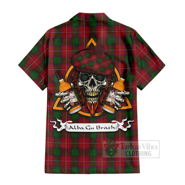 Rattray Tartan Short Sleeve Button Shirt with Family Crest and Bearded Skull Holding Bottles of Whiskey