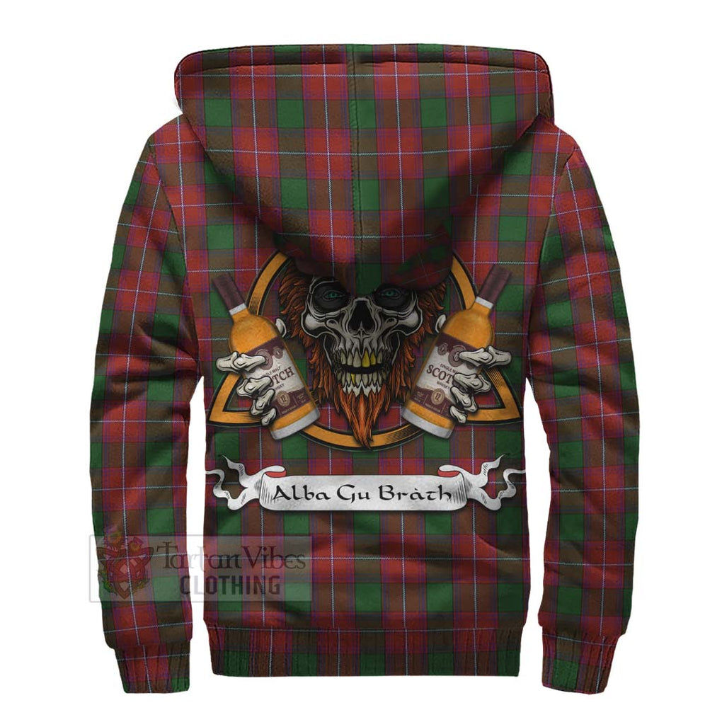 Tartan Vibes Clothing Rattray Tartan Sherpa Hoodie with Family Crest and Bearded Skull Holding Bottles of Whiskey