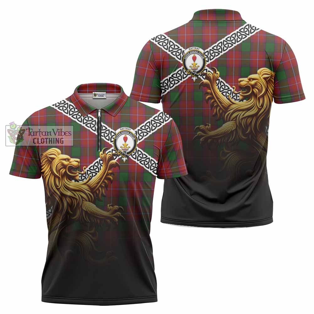 Rattray Crest Tartan Zipper Polo Shirt with Golden Lion Emblem Celtic Style - Tartan Vibes Clothing