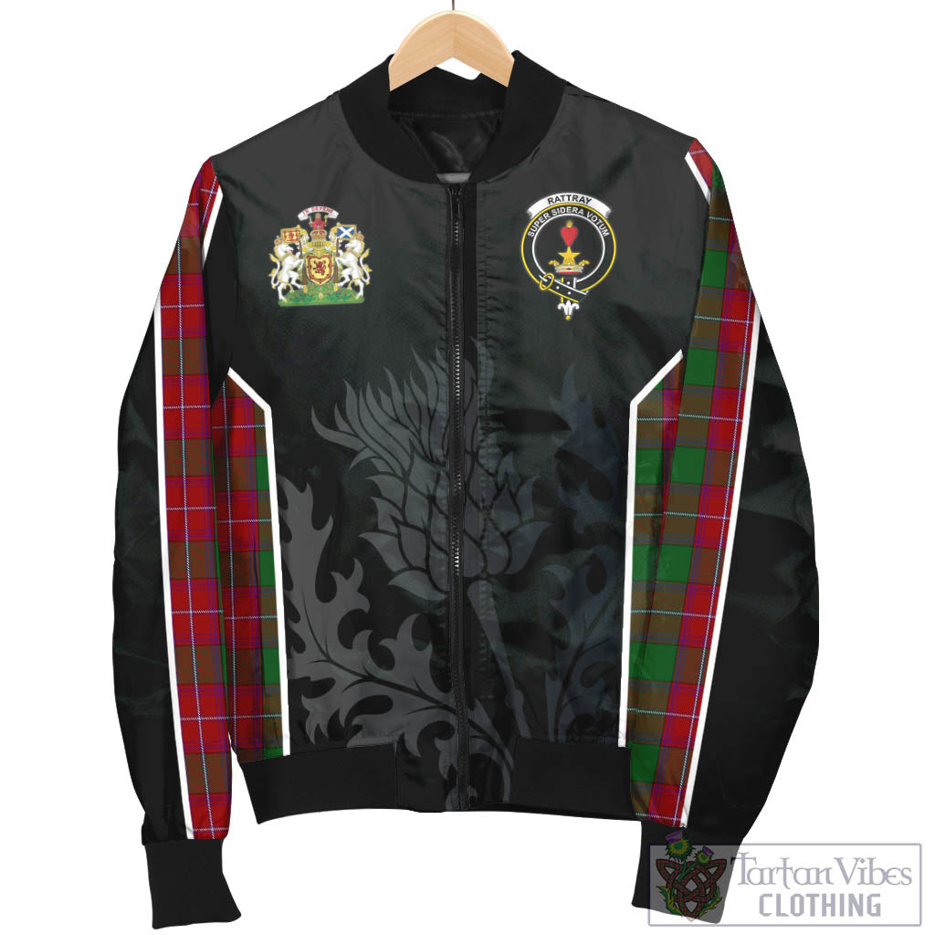 Tartan Vibes Clothing Rattray Tartan Bomber Jacket with Family Crest and Scottish Thistle Vibes Sport Style