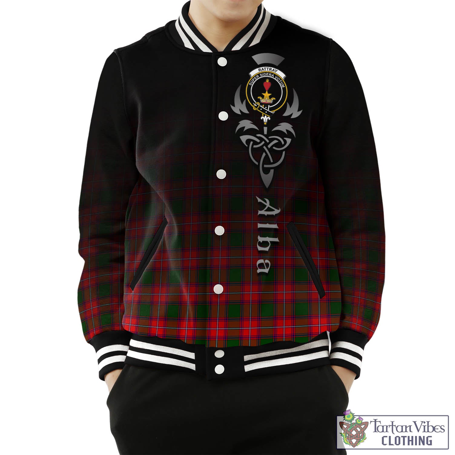 Tartan Vibes Clothing Rattray Modern Tartan Baseball Jacket Featuring Alba Gu Brath Family Crest Celtic Inspired