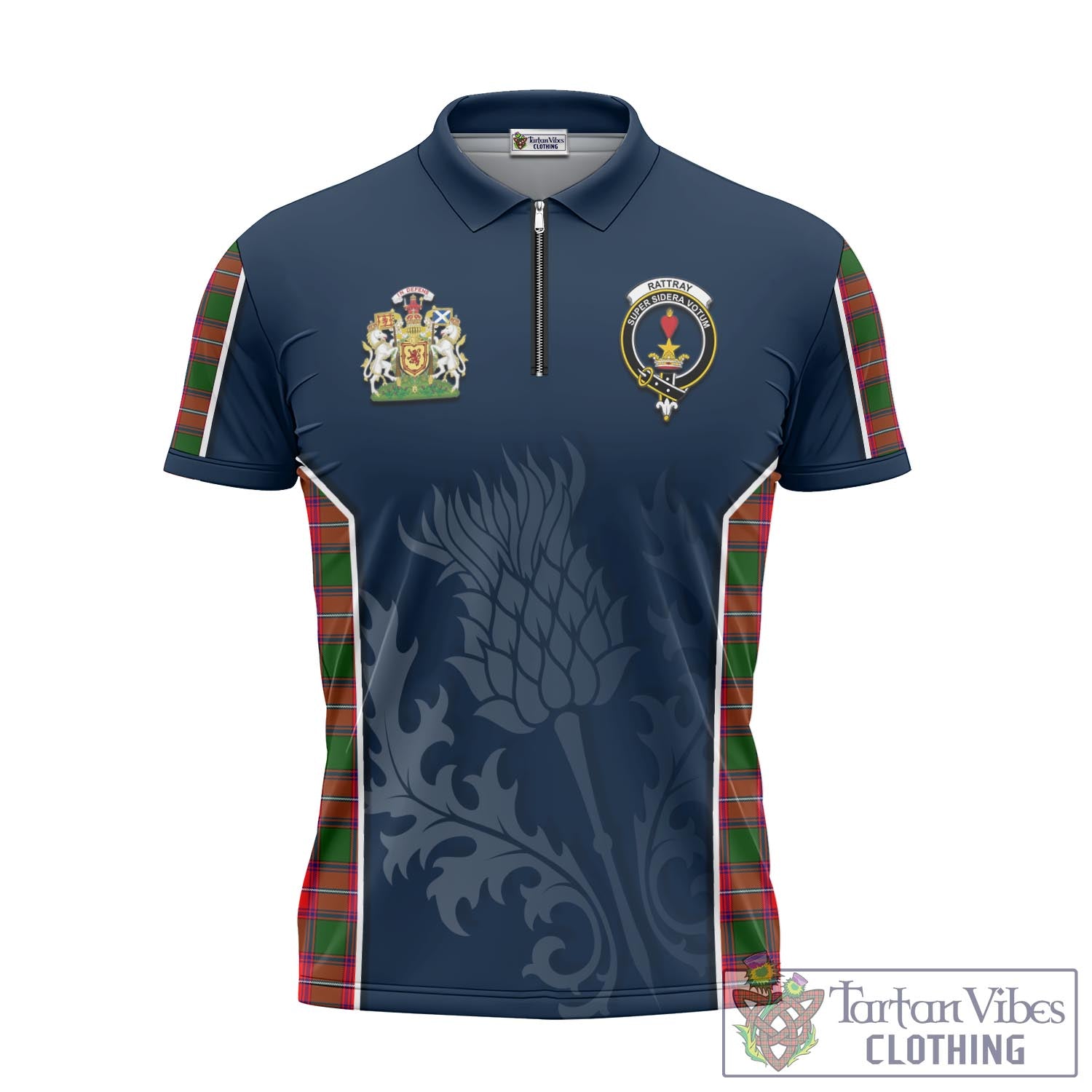 Tartan Vibes Clothing Rattray Modern Tartan Zipper Polo Shirt with Family Crest and Scottish Thistle Vibes Sport Style