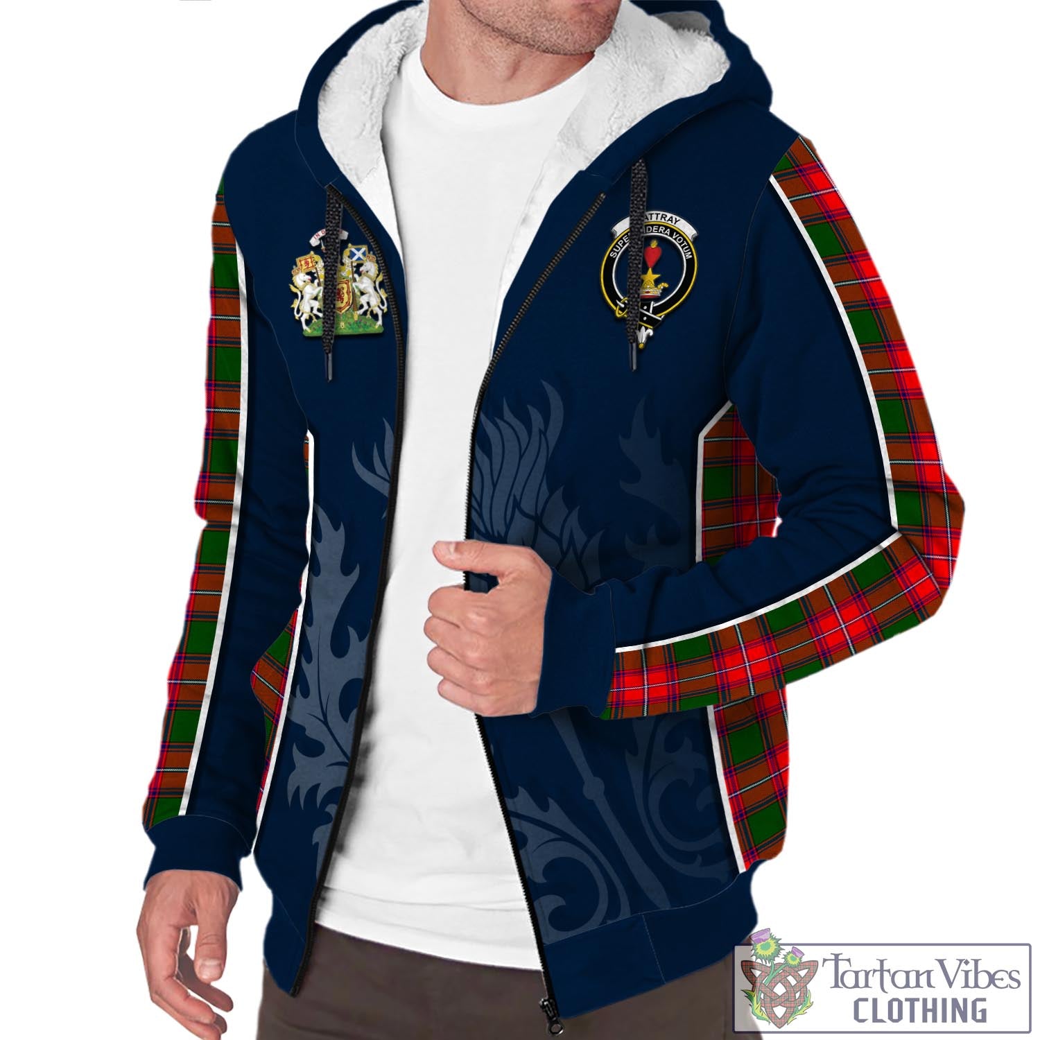 Tartan Vibes Clothing Rattray Modern Tartan Sherpa Hoodie with Family Crest and Scottish Thistle Vibes Sport Style