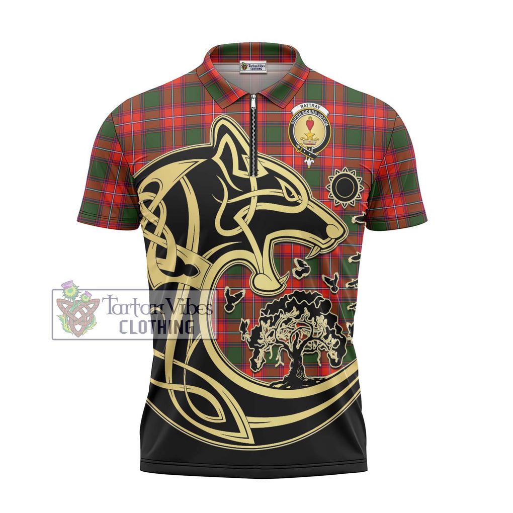 Rattray Modern Tartan Zipper Polo Shirt with Family Crest Celtic Wolf Style - Tartanvibesclothing Shop