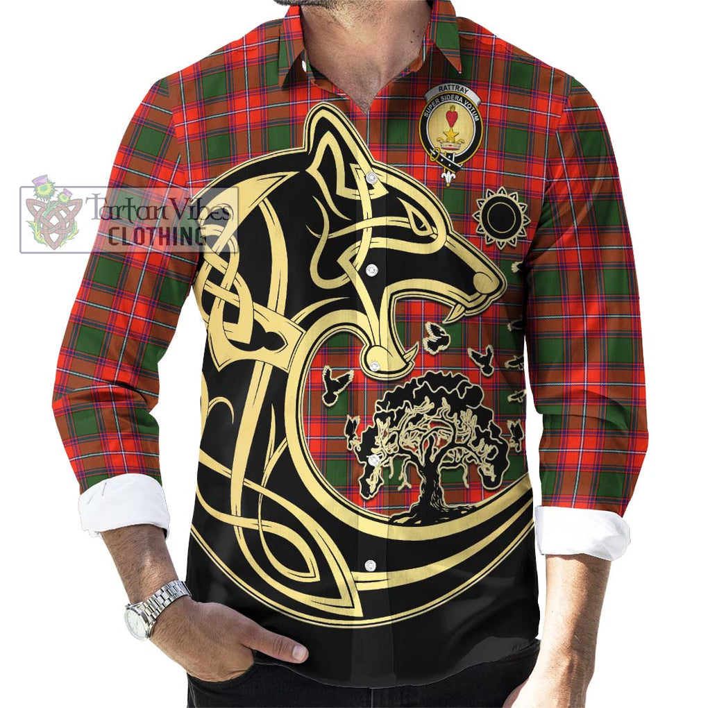 Rattray Modern Tartan Long Sleeve Button Shirt with Family Crest Celtic Wolf Style - Tartan Vibes Clothing