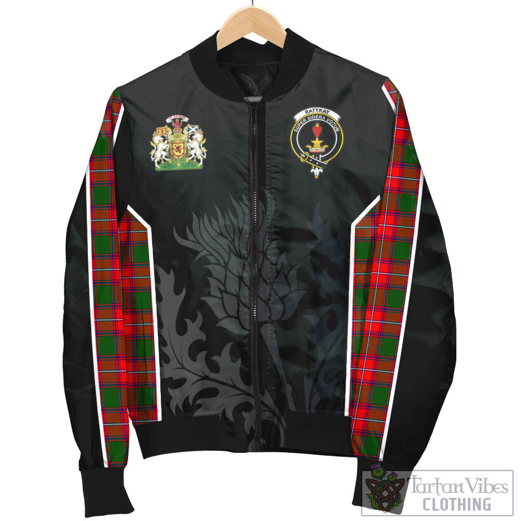 Tartan Vibes Clothing Rattray Modern Tartan Bomber Jacket with Family Crest and Scottish Thistle Vibes Sport Style