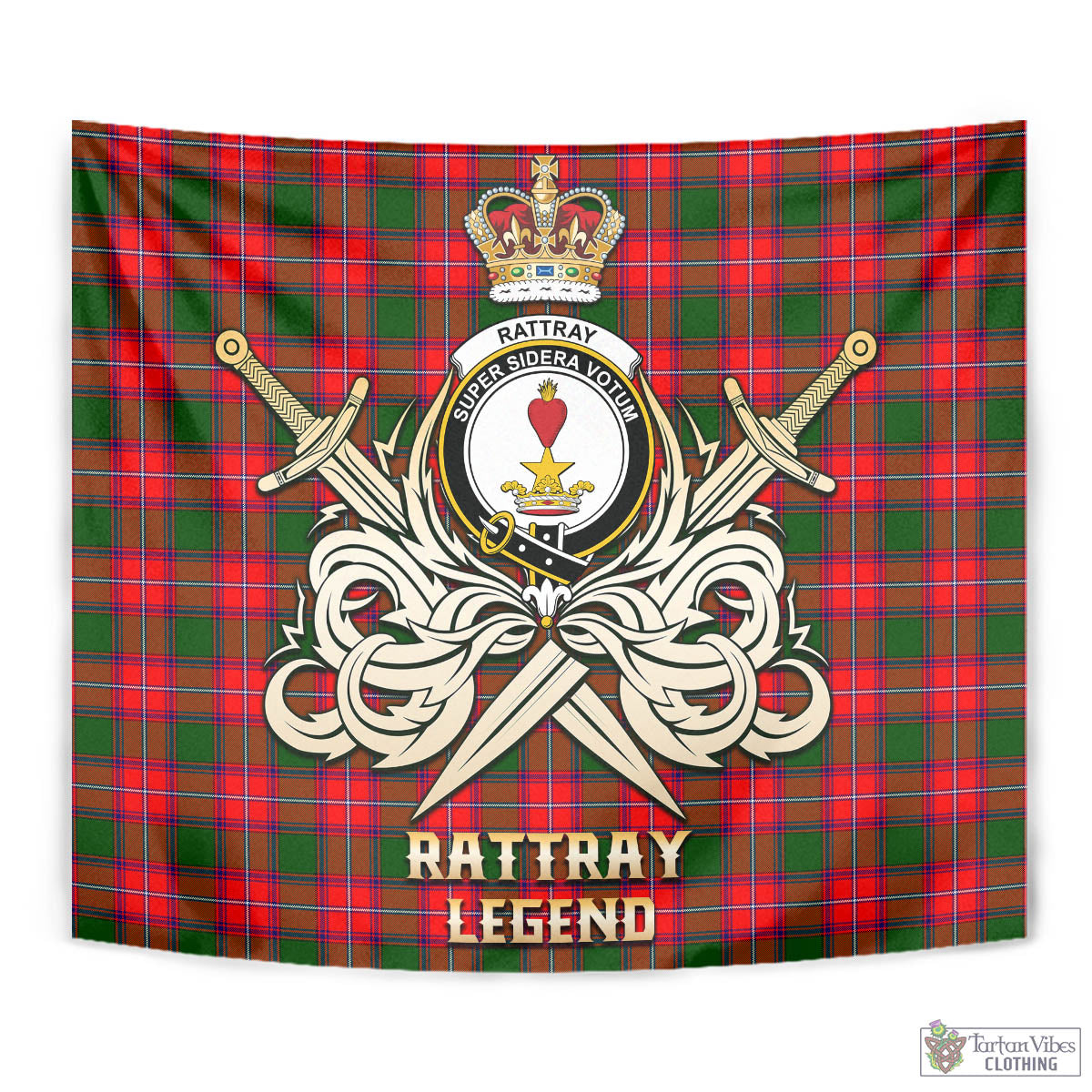 Tartan Vibes Clothing Rattray Modern Tartan Tapestry with Clan Crest and the Golden Sword of Courageous Legacy