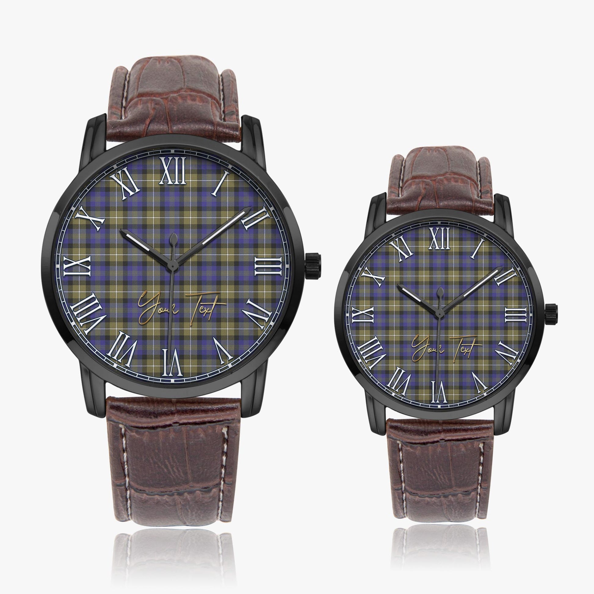 Rennie Tartan Personalized Your Text Leather Trap Quartz Watch Wide Type Black Case With Brown Leather Strap - Tartanvibesclothing