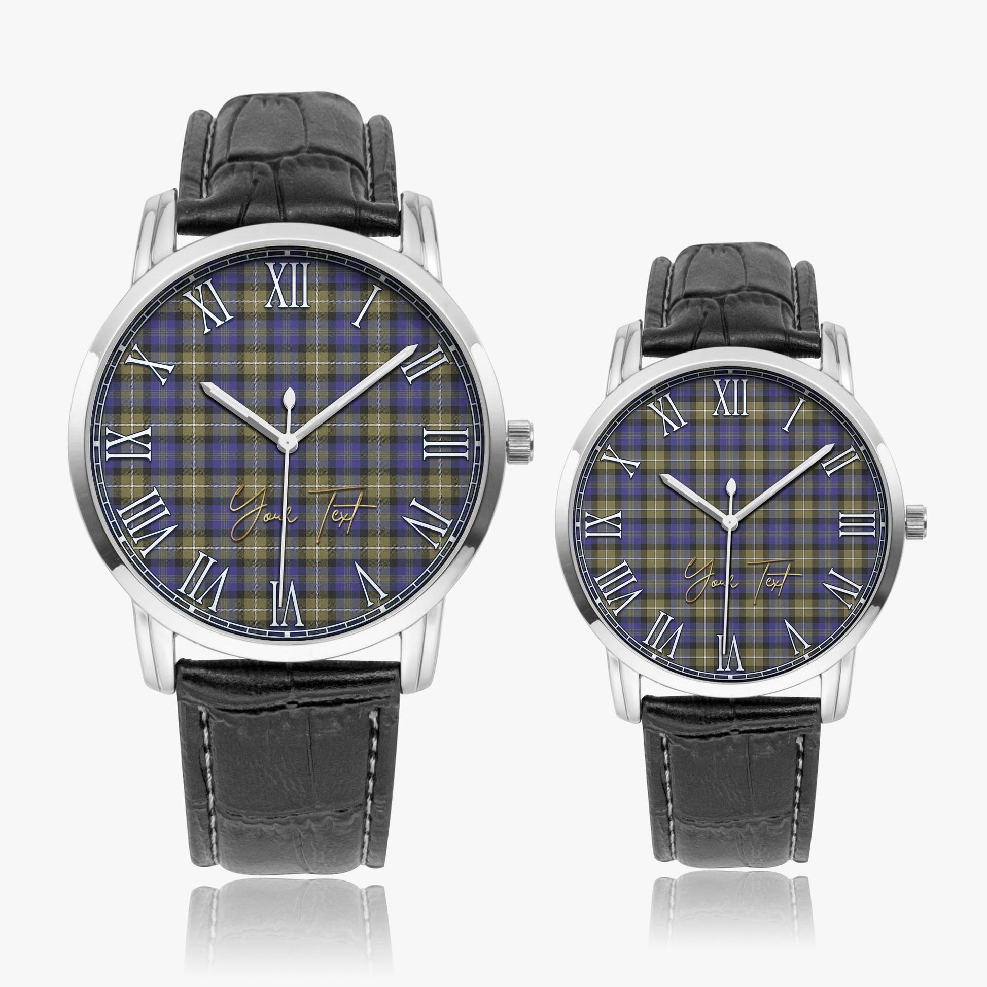 Rennie Tartan Personalized Your Text Leather Trap Quartz Watch Wide Type Silver Case With Black Leather Strap - Tartanvibesclothing