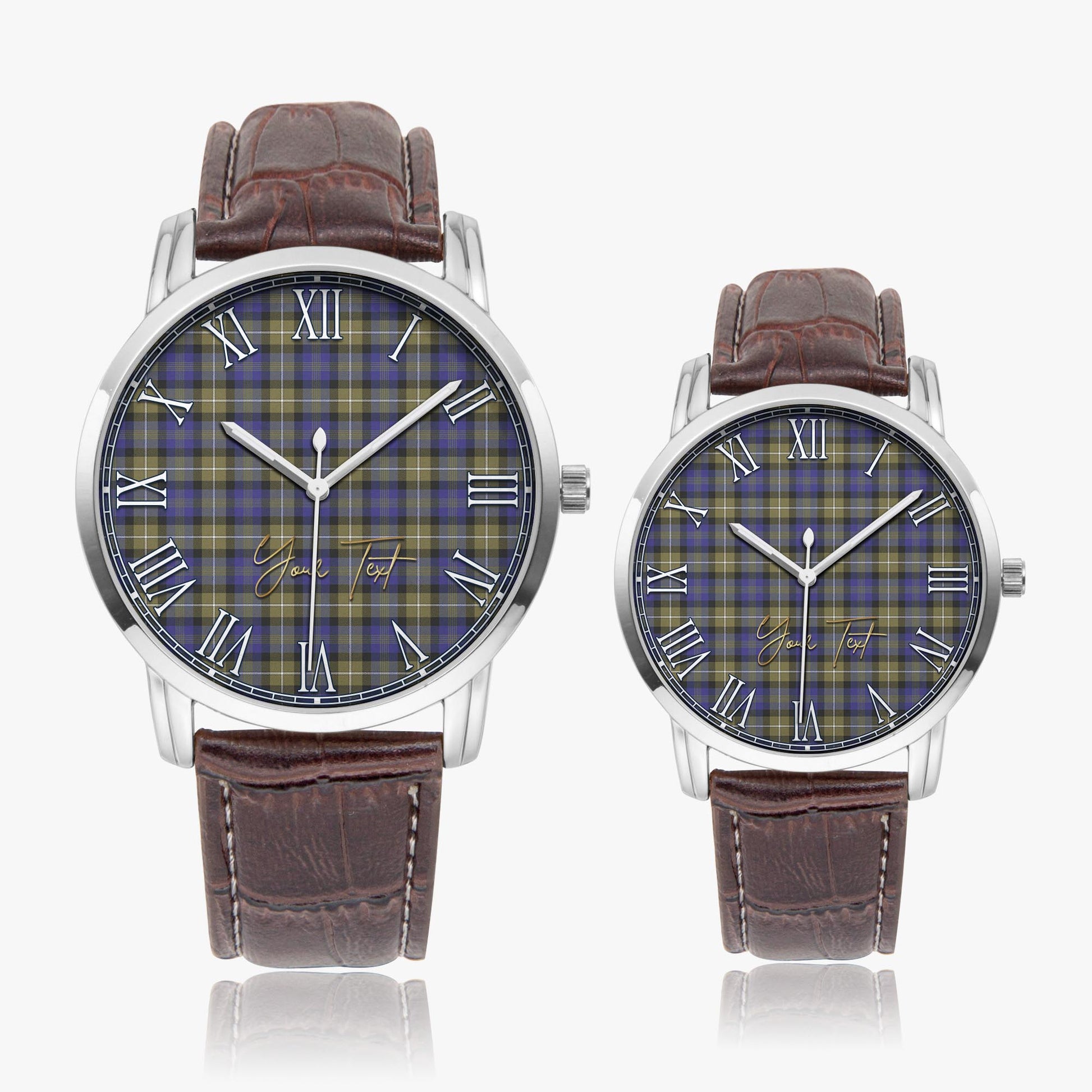 Rennie Tartan Personalized Your Text Leather Trap Quartz Watch Wide Type Silver Case With Brown Leather Strap - Tartanvibesclothing