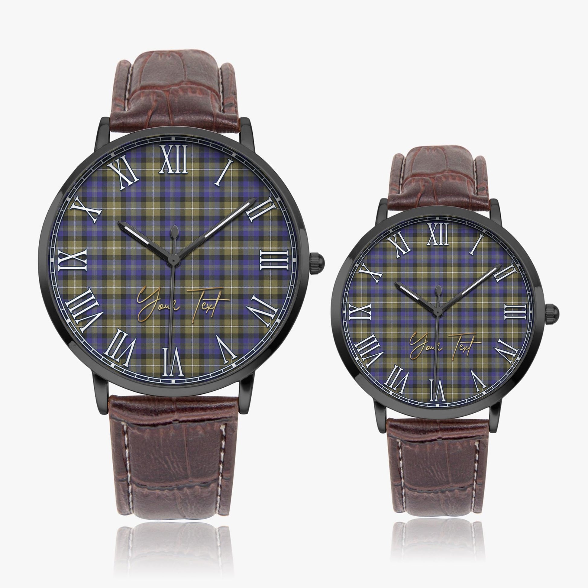 Rennie Tartan Personalized Your Text Leather Trap Quartz Watch Ultra Thin Black Case With Brown Leather Strap - Tartanvibesclothing