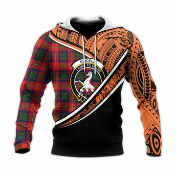 Riddell Crest Tartan Knitted Hoodie with Polynesian Vibes Style - Orange Version