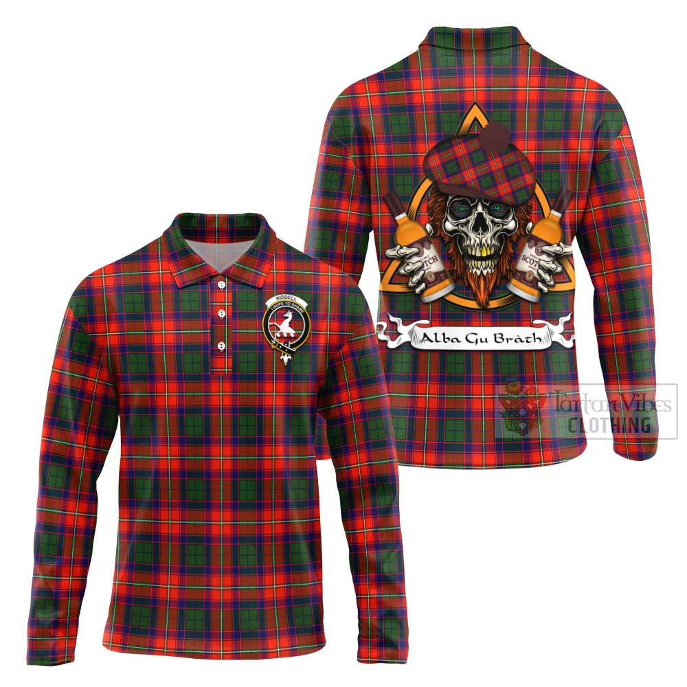 Tartan Vibes Clothing Riddell Tartan Long Sleeve Polo Shirt with Family Crest and Bearded Skull Holding Bottles of Whiskey