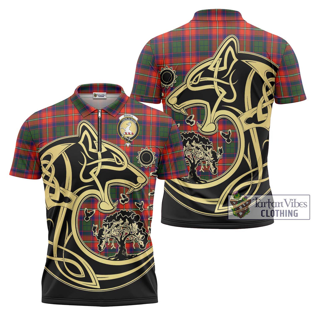 Riddell Tartan Zipper Polo Shirt with Family Crest Celtic Wolf Style Unisex - Tartanvibesclothing Shop