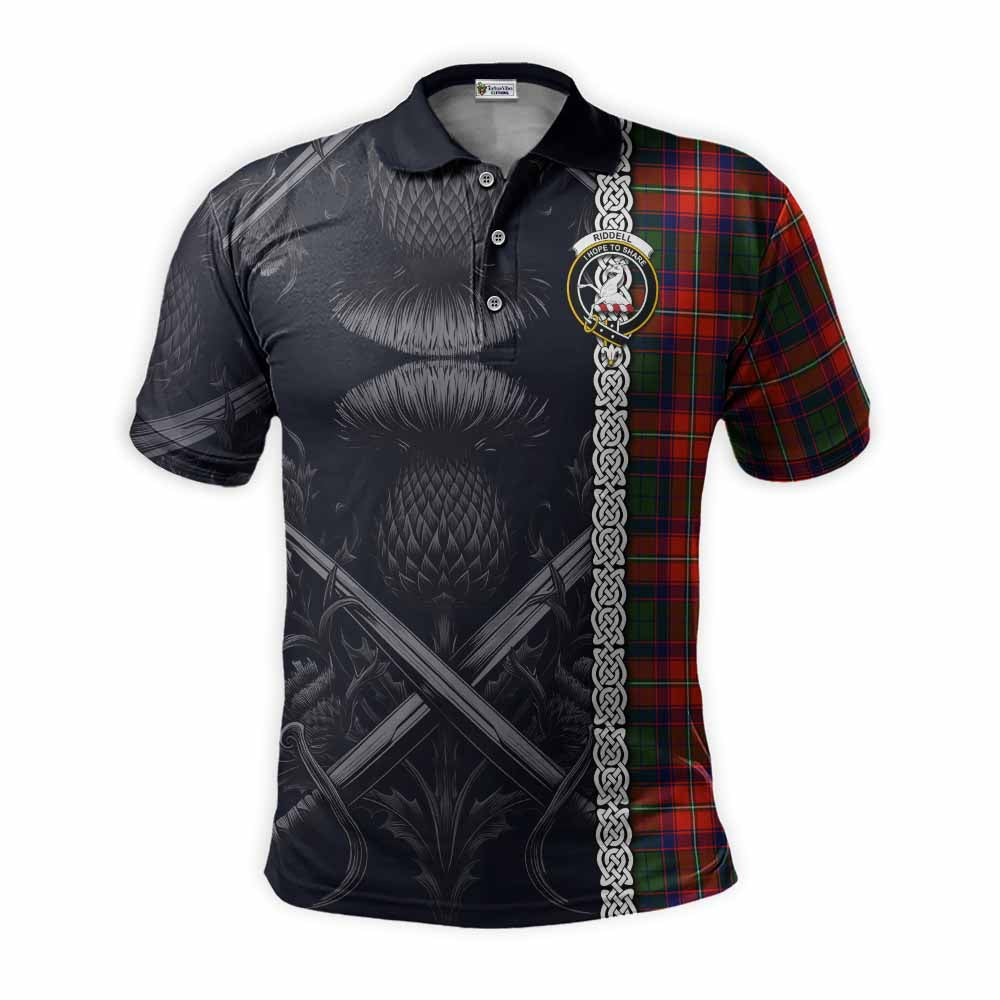 Tartan Vibes Clothing Riddell Tartan Polo Shirt with Family Crest Cross Sword Thistle Celtic Vibes