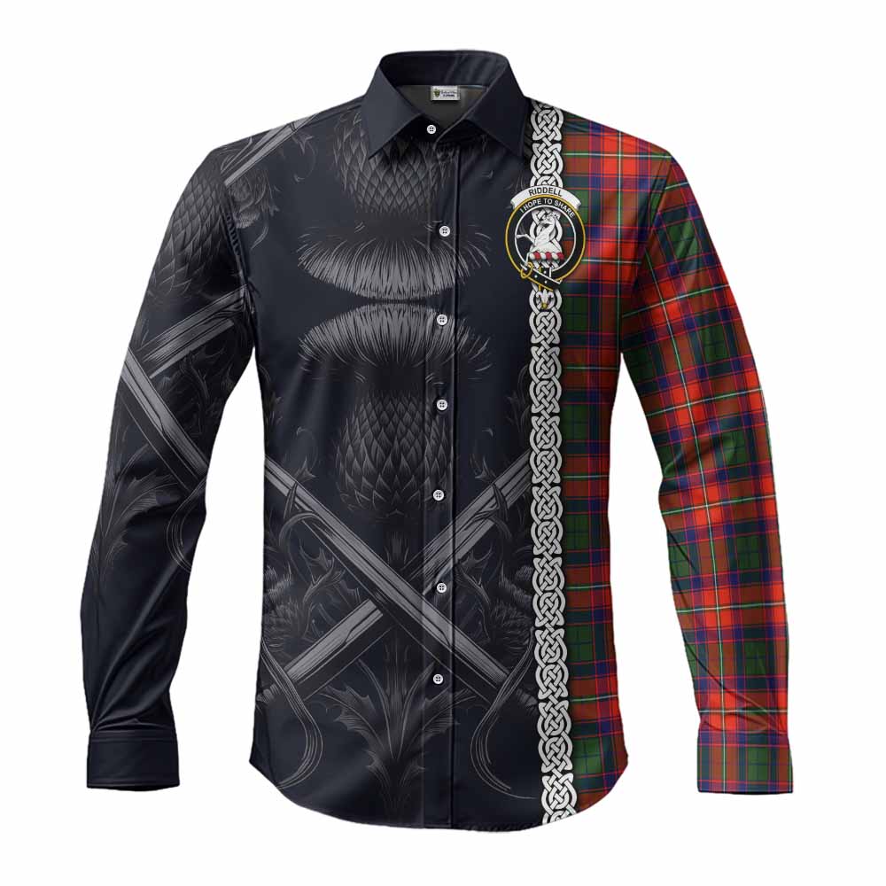 Tartan Vibes Clothing Riddell Tartan Long Sleeve Button Shirt with Family Crest Cross Sword Thistle Celtic Vibes