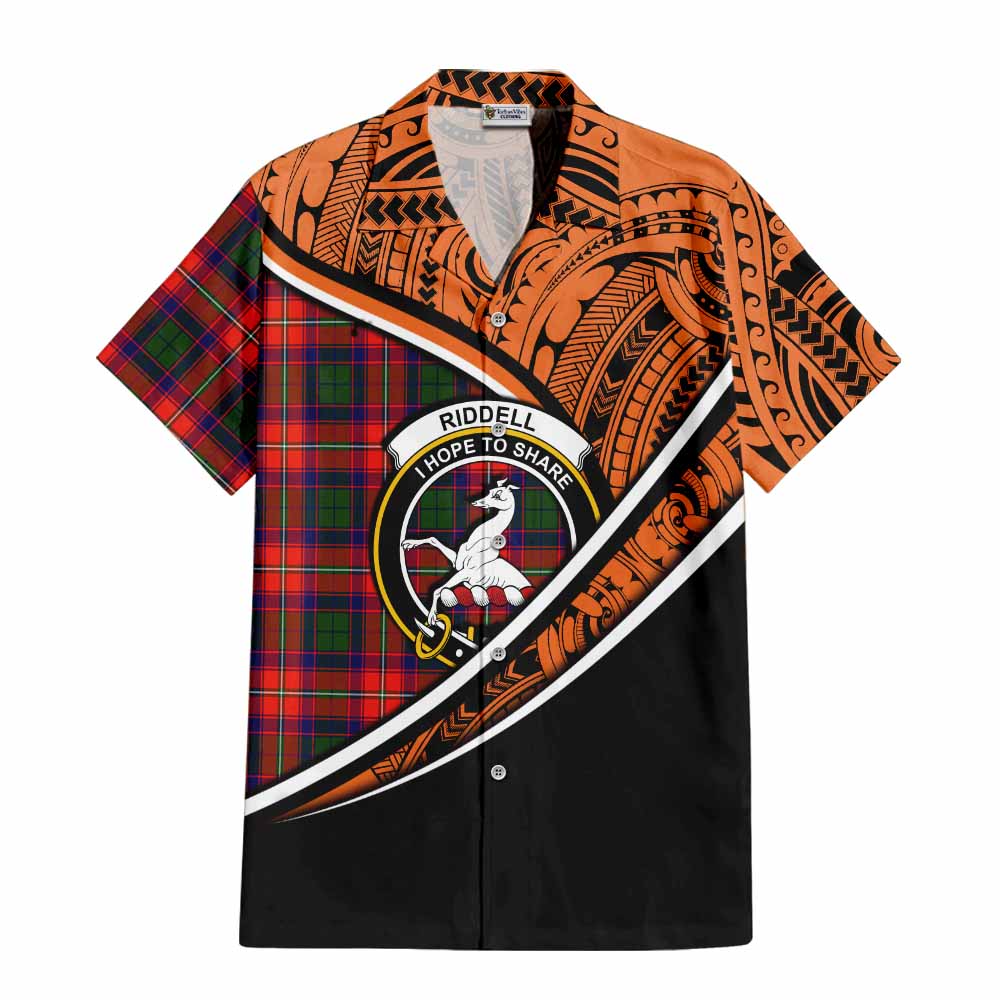 Tartan Vibes Clothing Riddell Crest Tartan Short Sleeve Button Shirt with Maori Tattoo Style - Orange Version