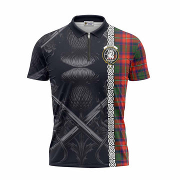 Riddell Tartan Zipper Polo Shirt with Family Crest Cross Sword Thistle Celtic Vibes