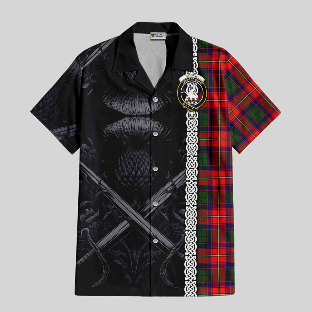 Tartan Vibes Clothing Riddell Tartan Short Sleeve Button Shirt with Family Crest Cross Sword Thistle Celtic Vibes