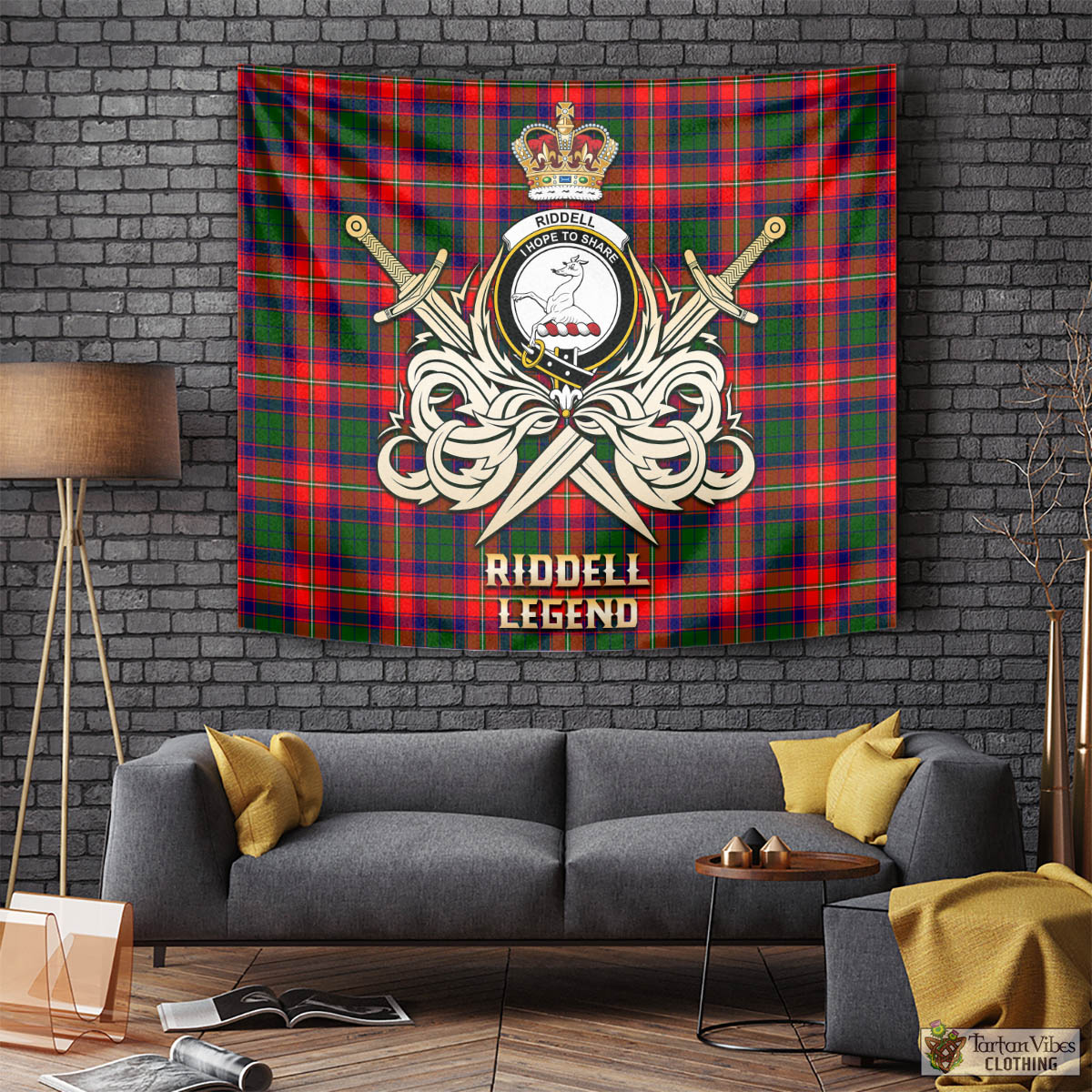 Tartan Vibes Clothing Riddell Tartan Tapestry with Clan Crest and the Golden Sword of Courageous Legacy