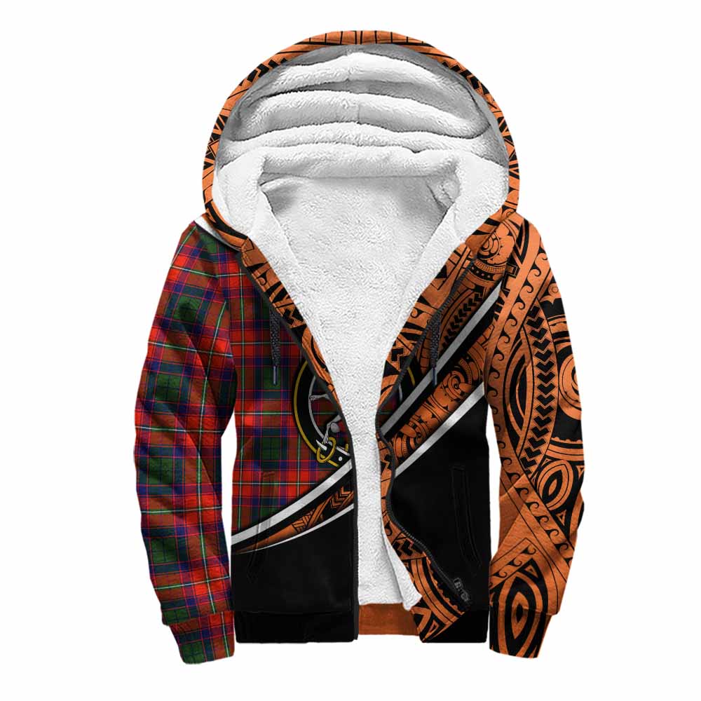 Tartan Vibes Clothing Riddell Crest Tartan Sherpa Hoodie with Maori Tattoo Style - Orange Version