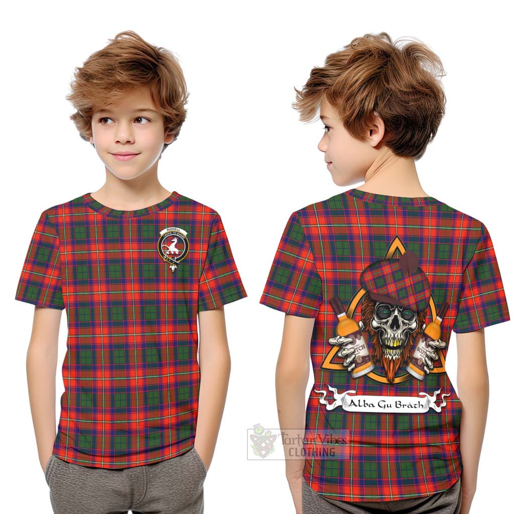 Tartan Vibes Clothing Riddell Tartan Kid T-Shirt with Family Crest and Bearded Skull Holding Bottles of Whiskey