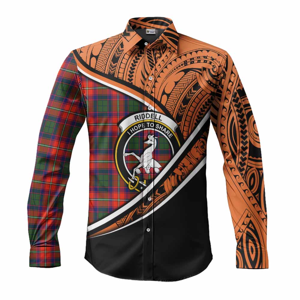 Tartan Vibes Clothing Riddell Crest Tartan Long Sleeve Button Shirt with Maori Tattoo Style - Orange Version