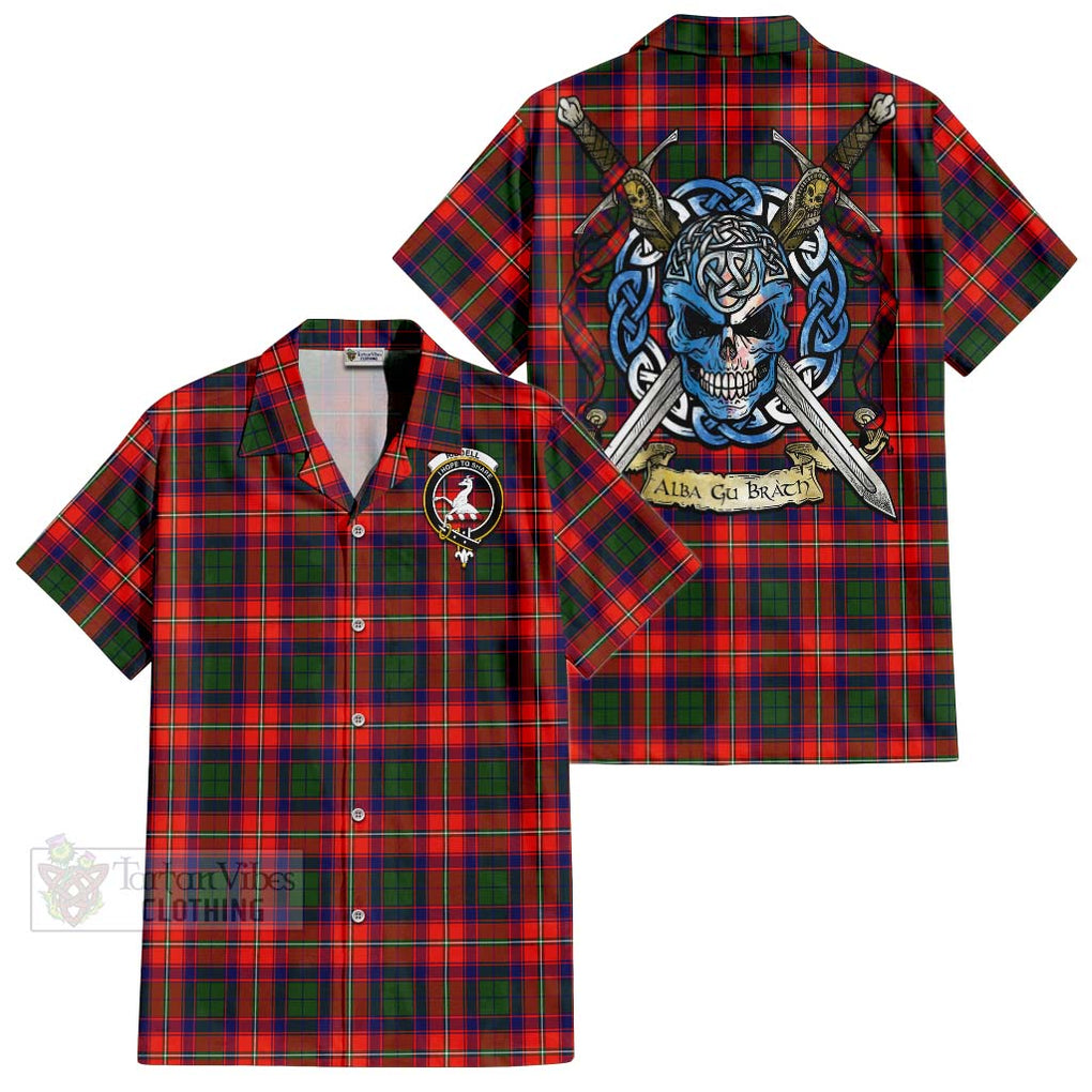 Tartan Vibes Clothing Riddell Tartan Short Sleeve Button Shirt with Family Crest Celtic Skull Style