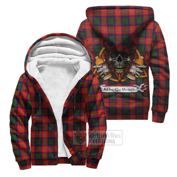 Riddell Tartan Sherpa Hoodie with Family Crest and Bearded Skull Holding Bottles of Whiskey