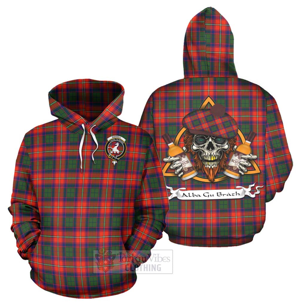 Tartan Vibes Clothing Riddell Tartan Hoodie with Family Crest and Bearded Skull Holding Bottles of Whiskey