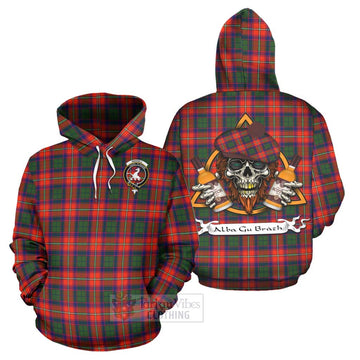 Riddell Tartan Hoodie with Family Crest and Bearded Skull Holding Bottles of Whiskey