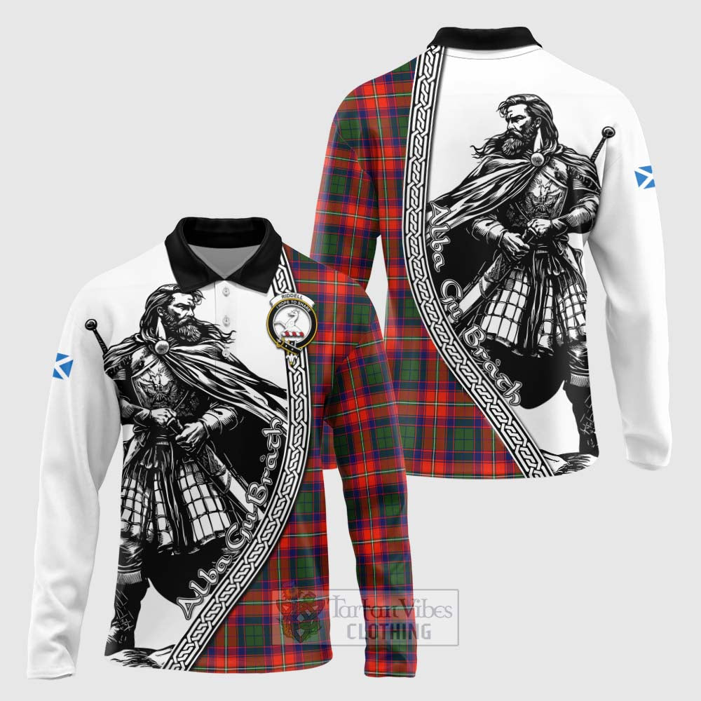 Tartan Vibes Clothing Riddell Tartan Clan Crest Long Sleeve Polo Shirt with Highlander Warrior Celtic Style