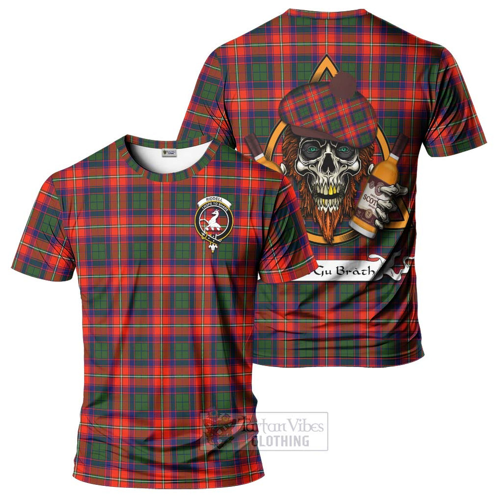 Tartan Vibes Clothing Riddell Tartan T-Shirt with Family Crest and Bearded Skull Holding Bottles of Whiskey