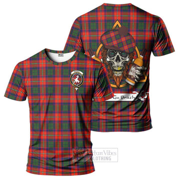 Riddell Tartan T-Shirt with Family Crest and Bearded Skull Holding Bottles of Whiskey