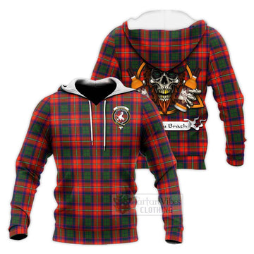 Riddell Tartan Knitted Hoodie with Family Crest and Bearded Skull Holding Bottles of Whiskey