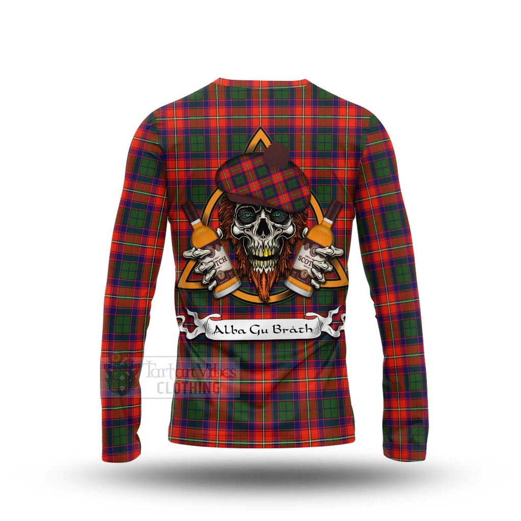 Tartan Vibes Clothing Riddell Tartan Long Sleeve T-Shirt with Family Crest and Bearded Skull Holding Bottles of Whiskey