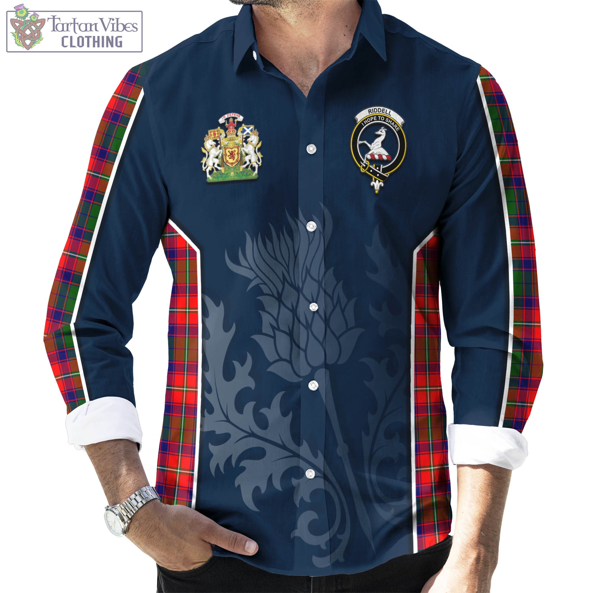 Tartan Vibes Clothing Riddell Tartan Long Sleeve Button Up Shirt with Family Crest and Scottish Thistle Vibes Sport Style