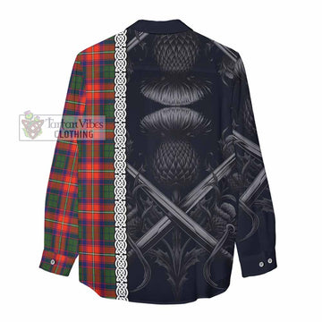 Riddell Tartan Women's Casual Shirt with Family Crest Cross Sword Thistle Celtic Vibes