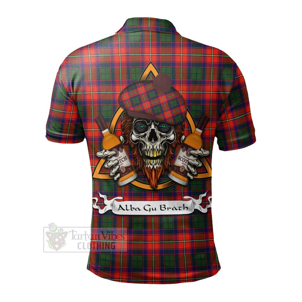 Tartan Vibes Clothing Riddell Tartan Polo Shirt with Family Crest and Bearded Skull Holding Bottles of Whiskey