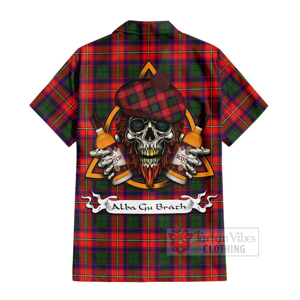 Tartan Vibes Clothing Riddell Tartan Short Sleeve Button Shirt with Family Crest and Bearded Skull Holding Bottles of Whiskey