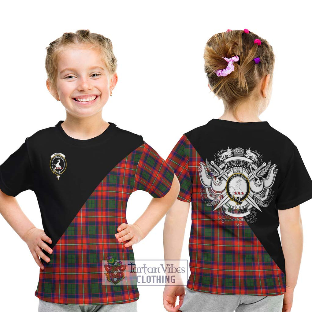 Riddell Tartan Kid T-Shirt with Family Crest and Military Logo Style - Tartanvibesclothing Shop