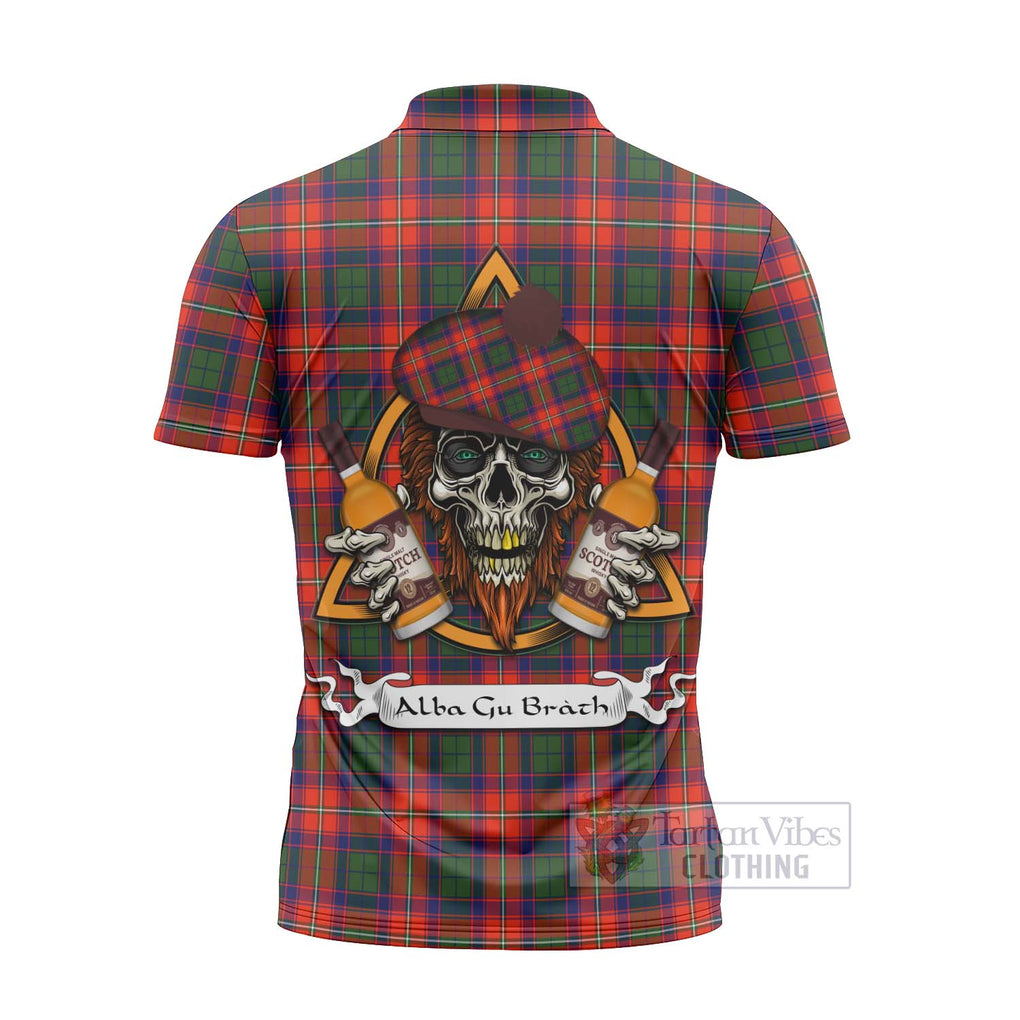 Tartan Vibes Clothing Riddell Tartan Zipper Polo Shirt with Family Crest and Bearded Skull Holding Bottles of Whiskey