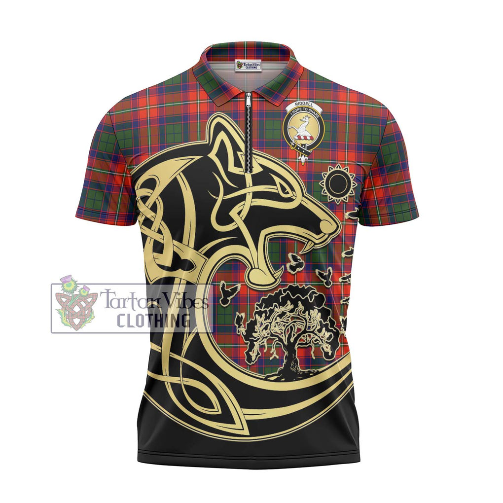 Riddell Tartan Zipper Polo Shirt with Family Crest Celtic Wolf Style - Tartanvibesclothing Shop