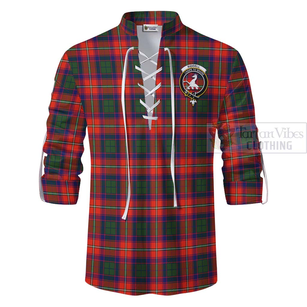 Tartan Vibes Clothing Riddell Tartan Ghillie Kilt Shirt with Family Crest and Bearded Skull Holding Bottles of Whiskey