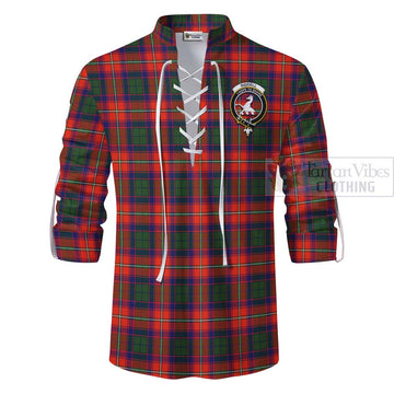 Riddell Tartan Ghillie Kilt Shirt with Family Crest and Bearded Skull Holding Bottles of Whiskey