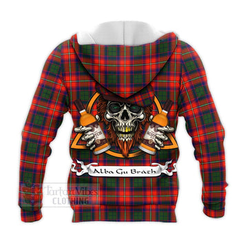 Riddell Tartan Knitted Hoodie with Family Crest and Bearded Skull Holding Bottles of Whiskey