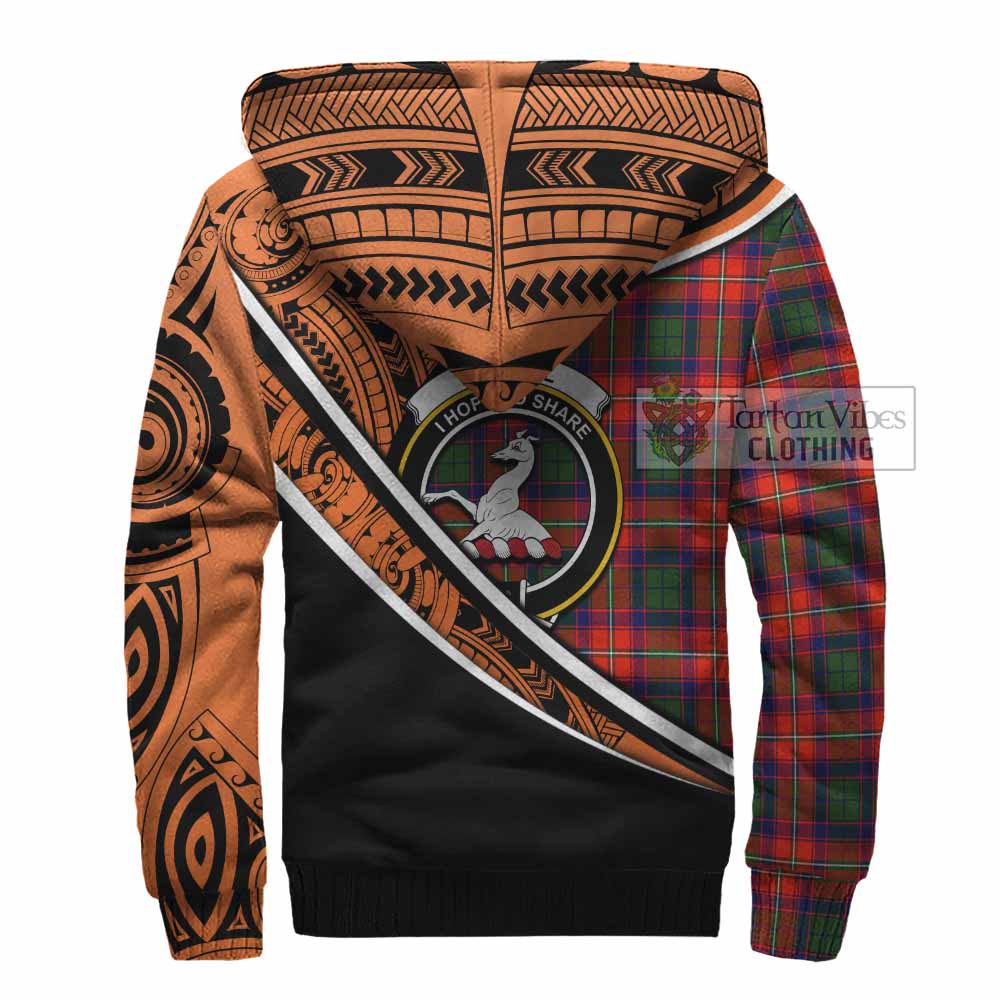 Tartan Vibes Clothing Riddell Crest Tartan Sherpa Hoodie with Maori Tattoo Style - Orange Version